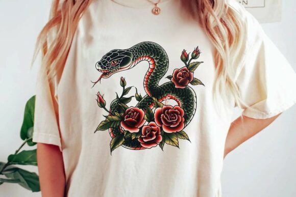 Embracing Tradition: The Bold Snake and Red Roses Tattoo Flash